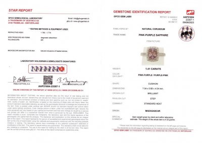 Certificate Cushion-cut pink sapphire 1.41 ct, Madagascar