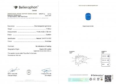 Certificate Zafiro azul real de talla cojín sin calentar de 7,70 quilates, Sri Lanka