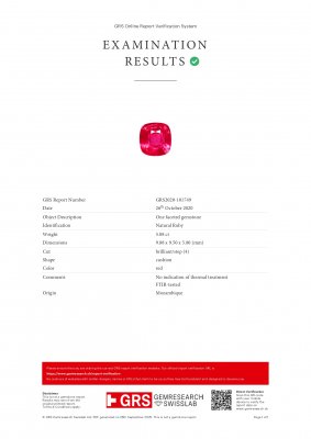 Certificate Unheated ruby in cushion cut 5.08 carats, Mozambique (GRS, Bellerophon)