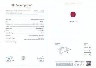 Certificate Unheated ruby in cushion cut 5.08 carats, Mozambique (GRS, Bellerophon)