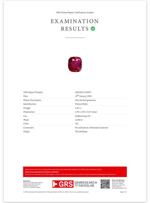 Certificate Unheated Vivid ruby cushion cut 2.03 carats, Mozambique