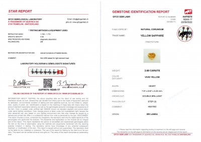 Certificate Yellow sapphire in rare cut heart 2.68 ct, Sri Lanka