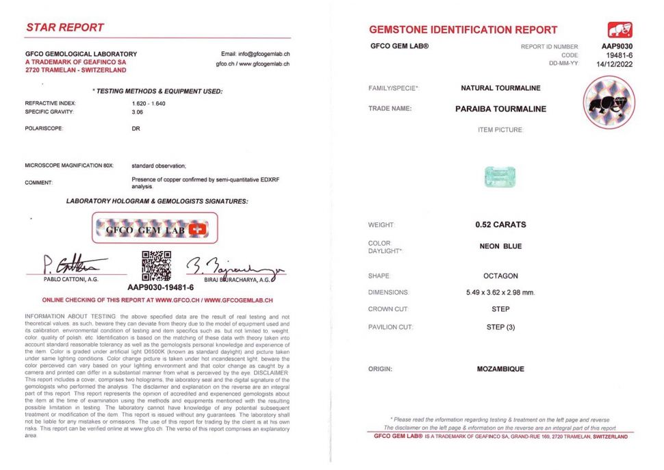 Certificate Paraiba blue octagon cut 0.52 ct