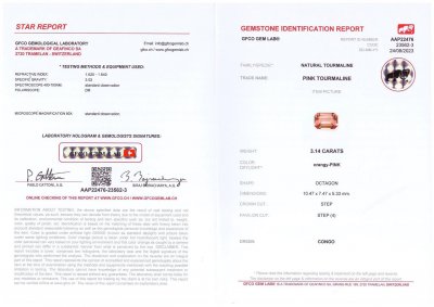 Certificate Pink orange tourmaline in octagon cut 3.14 ct