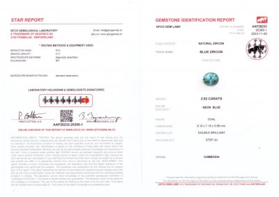 Certificate Natürlicher blauer Zirkon im Ovalschliff, 2,92 Karat, Kambodscha