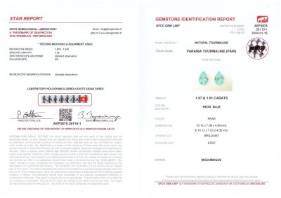 Certificate Paire de tourmalines Paraiba taille poire 3,48 carats, Mozambique