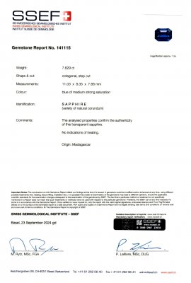 Certificate Saphir bleu royal taille octogonale non chauffé 7,62 ct, Madagascar