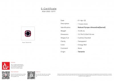 Certificate Large Malaya garnet cushion cut 5.58 carats, Tanzania