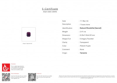 Certificate Purple garnet rhodolite octagon cut 2.41 carats, Tanzania