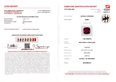 Certificate Unheated rubin im kissenschliff 1,56 karats, Mosambik