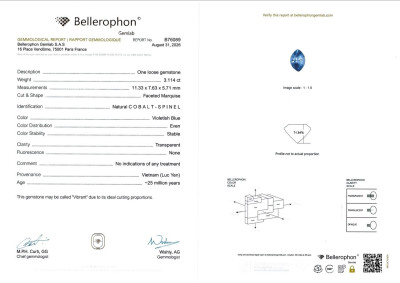 Certificate Kobalt-spinell im marquise-schliff 3,11 karat, Vietnam