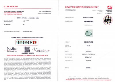 Certificate Cushion cut aquamarine 6.04 ct, Zambia, GFCO