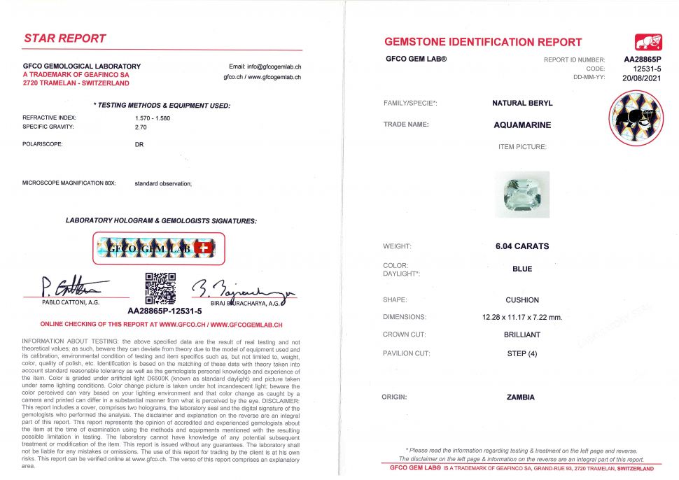 Certificate Cushion-cut aquamarine 6.04 ct, Zambia, GFCO