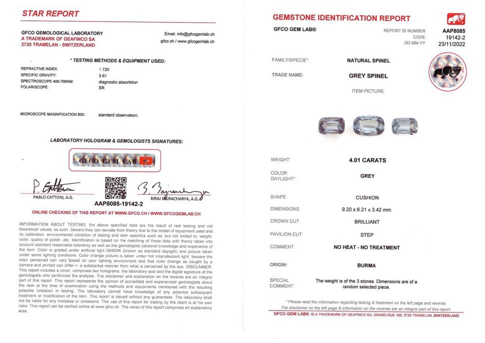 Certificate Violet gray Burmese spinel set 4.01 ct