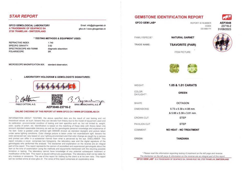 Certificate Pair of neon green tsavorite garnets in octagon cut 2.06 ct