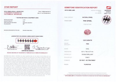 Certificate Pamir riche spinelle rose taille ovale 3,63 carats