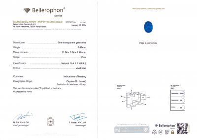 Certificate Saphir Bleu Royal 6,42 carats, taille ovale, Sri Lanka