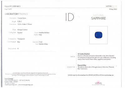 Certificate Saphir bleu unique de couleur rare bleu paon, taille coussin, 9,28 carats, Sri Lanka