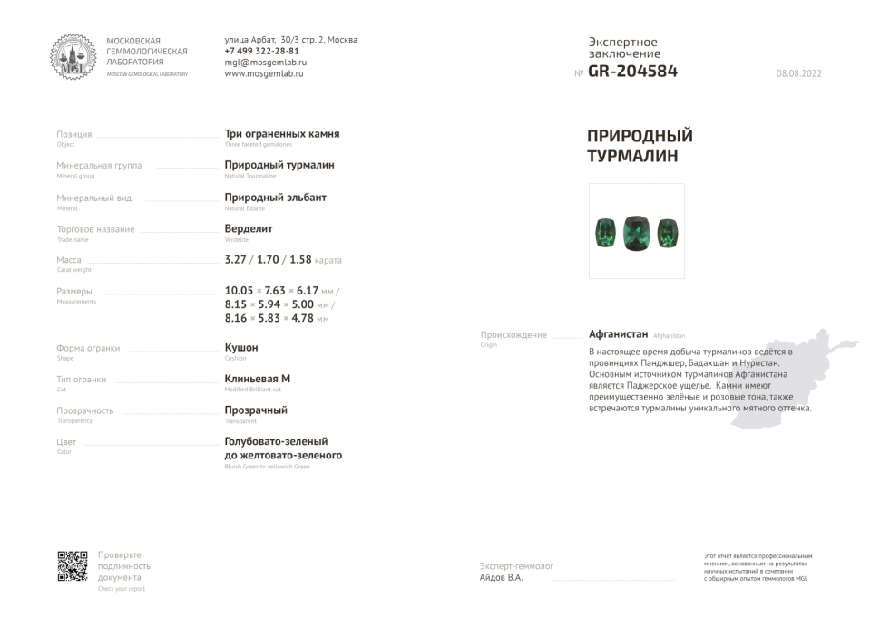 Certificate Set of blue-green tourmaline 6.56 ct