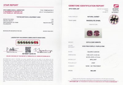 Certificate Pair of rich cushion cut rhodolites 5.57 ct, Malawi