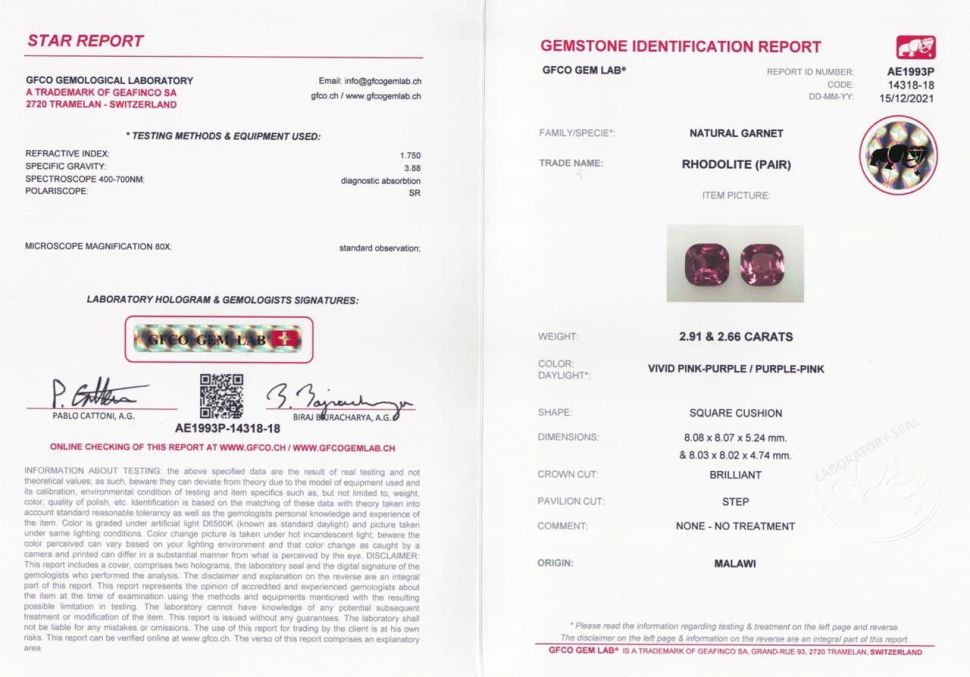 Certificate Pair of rich cushion-cut rhodolites 5.57 ct, Malawi