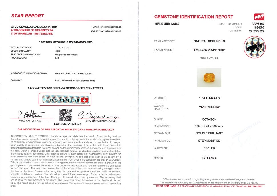 Certificate Radiant cut yellow sapphire 1.54 ct, Sri Lanka