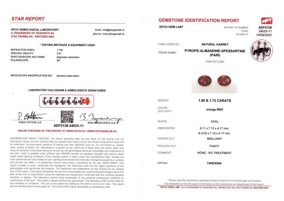 Certificate Pair of vivid red oval cut rhodolites 3.52 ct, Tanzania