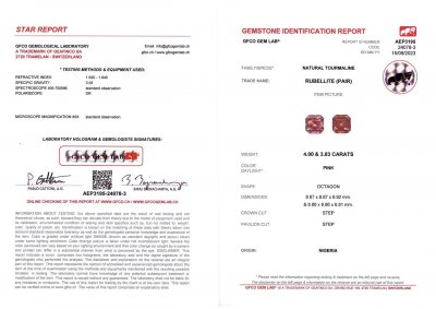 Certificate Paar 7,83 Karat rosa Turmaline aus Nigeria, Asscher-Schliff 