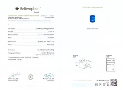 Certificate Saphir bleu taille coussin non chauffé 8,02 carats, Sri Lanka