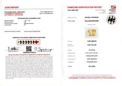 Certificate Unbehandelter Vivid yellow saphir im radiant-schliff 1,59 karat, Sri Lanka
