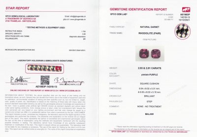 Certificate Pair of cushion cut rhodolite garnets 5.74 ct, Malawi