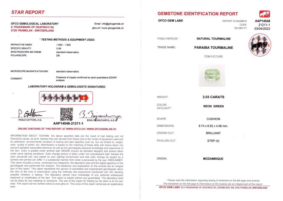 Certificate Paraiba tourmaline from Mozambique 2.03 ct