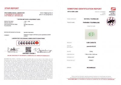 Certificate Greenish blue tourmaline Paraiba 0.89 ct, Mozambique