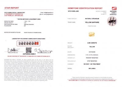 Certificate Unheated radiant-cut yellow sapphire 2.06 ct, Sri Lanka