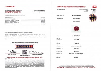 Certificate Burmese red spinel 2.63 ct, GFCO