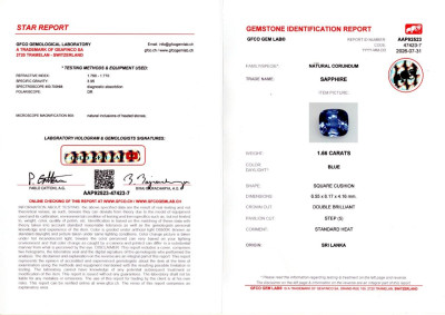 Certificate Blauer saphir im kissenschliff 1,66 karat, Sri Lanka