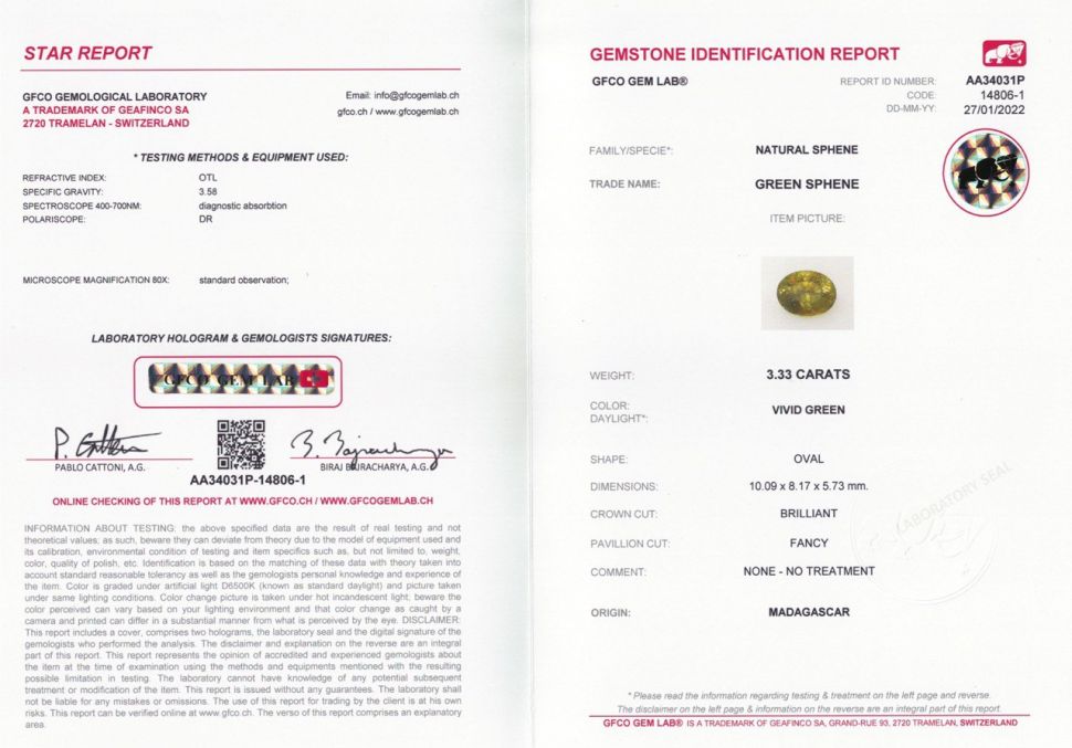 Certificate Golden green sphene 3.24 ct from Madagascar