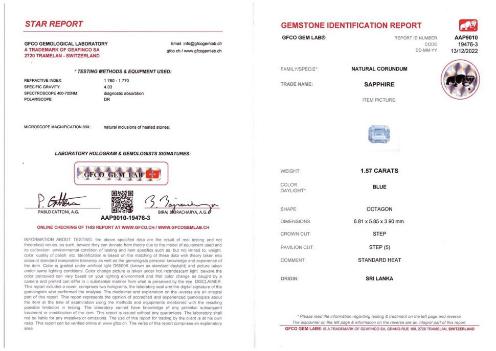 Certificate Octagon-cut Ceylon sapphire 1.57 ct
