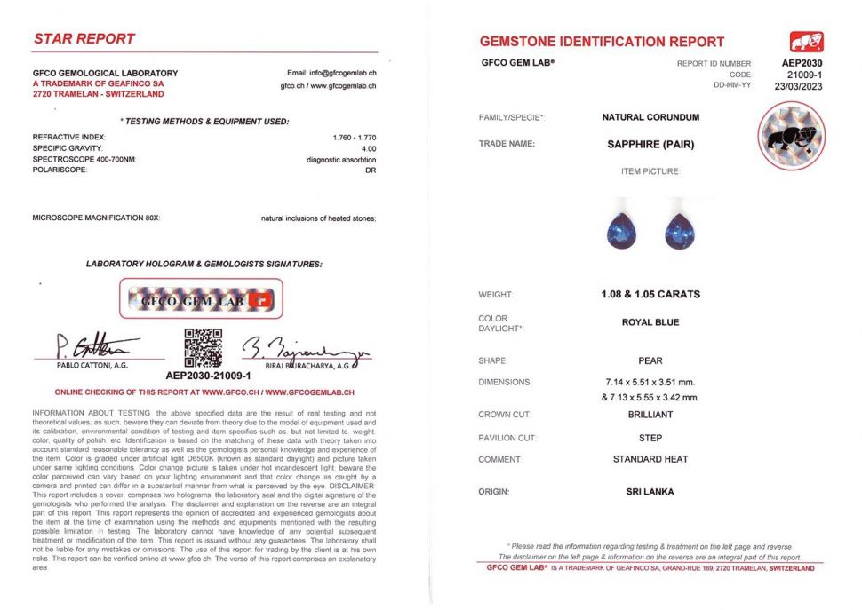 Certificate Pair of Royal blue sapphires 2.13 ct pear cut, Sri Lanka