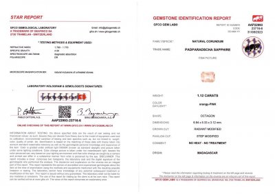 Certificate Unheated radiant-cut Padparadscha sapphire 1.12 ct, Sri Lanka