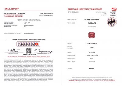 Certificate Rubellite rouge-rose taille octogonale 3,50 carats, Nigeria