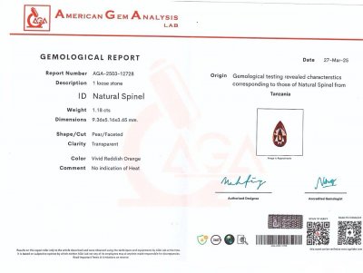 Certificate Spinel  Mahenge Vibrant pink red pear cut 1.18 carats,Tanzania