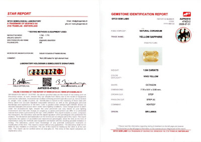 Certificate Ein leuchtend gelber saphir im oktagon-schliff 1.64  karat, Sri Lanka