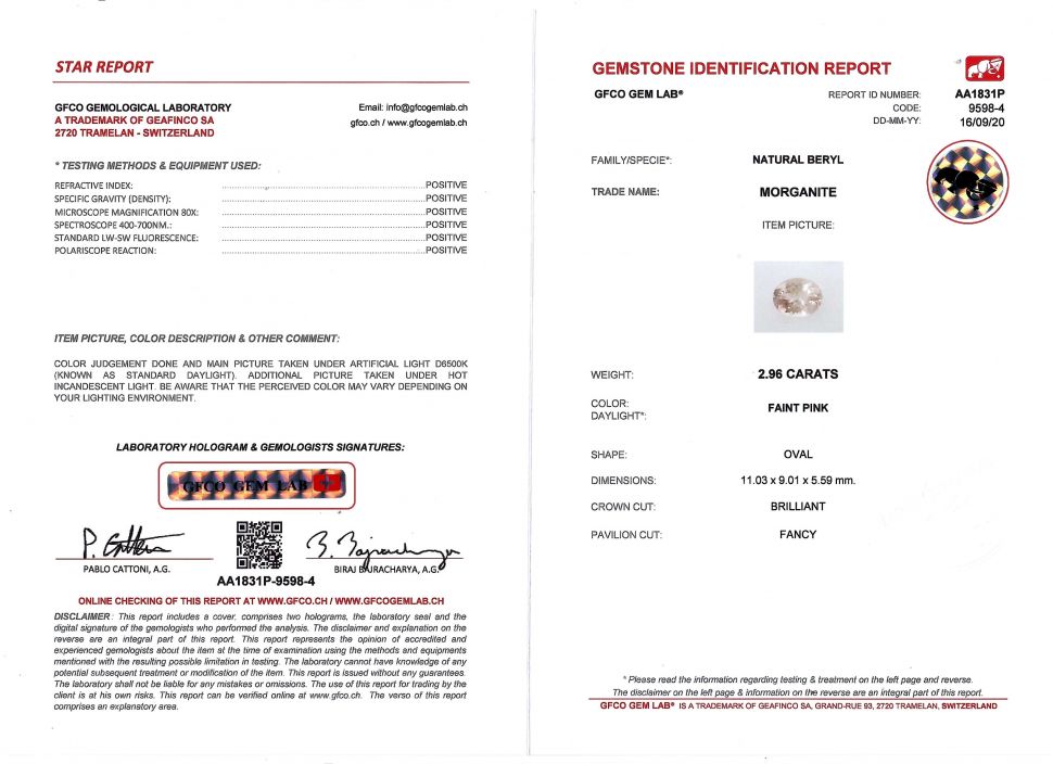 Certificate Light morganite oval cut 2.96 ct, GFCO