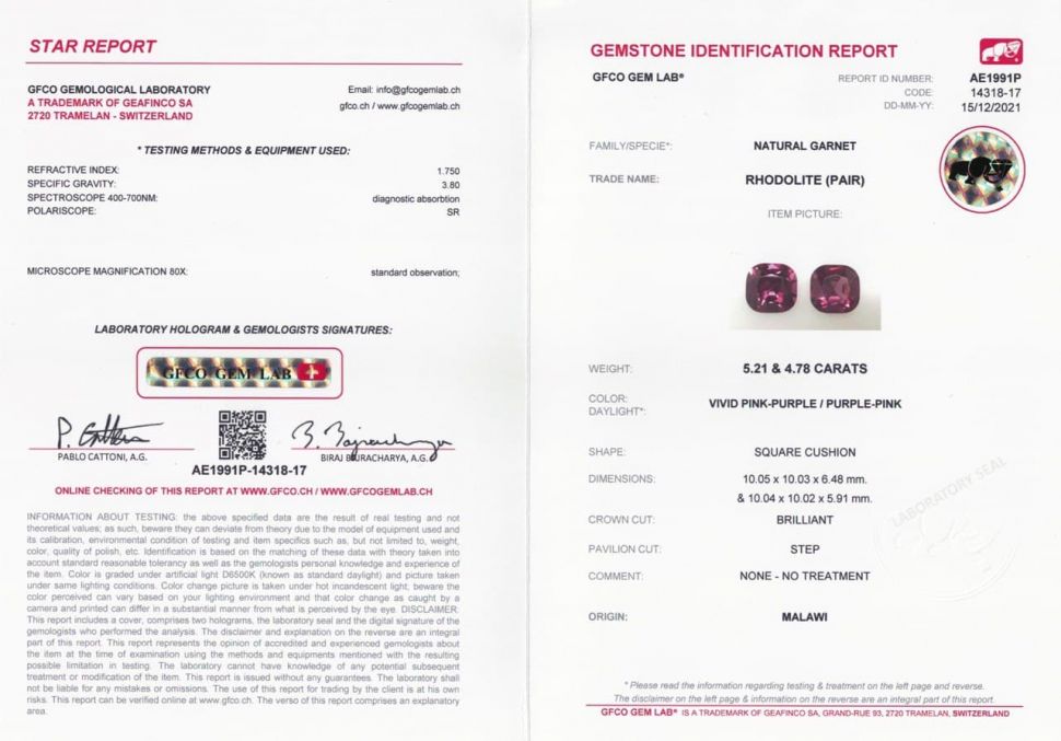 Certificate Pair of rare cushion-cut rhodolite garnets from Malawi 9.99 ct
