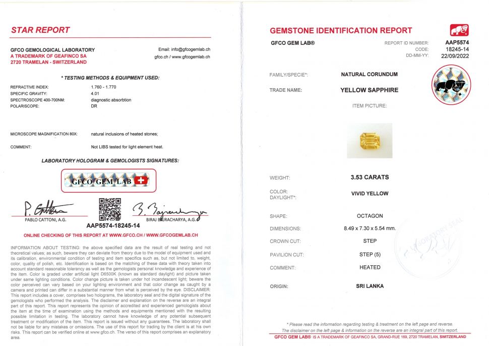Certificate Octagon yellow sapphire 3.53 ct, Sri Lanka