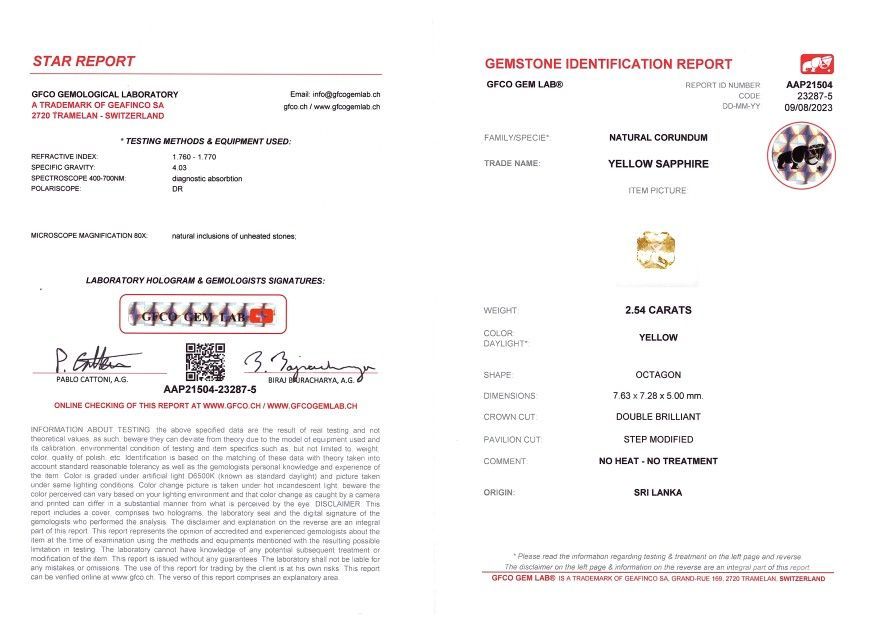 Certificate Unheated radiant-cut yellow sapphire 2.54 ct, Sri Lanka
