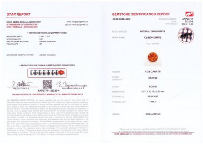 Certificate Gesättigter Klinohumit 4,24 Karat im Rundschliff, Afghanistan