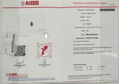 Certificate Rubí sangre de paloma talla pera de 1,59 quilates