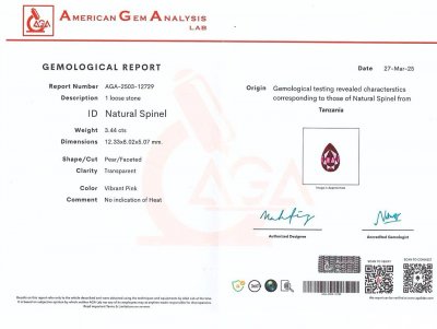 Certificate Espinela Mahenge de color rosa intenso y rojo talla pera 3,44 carats, Tanzania